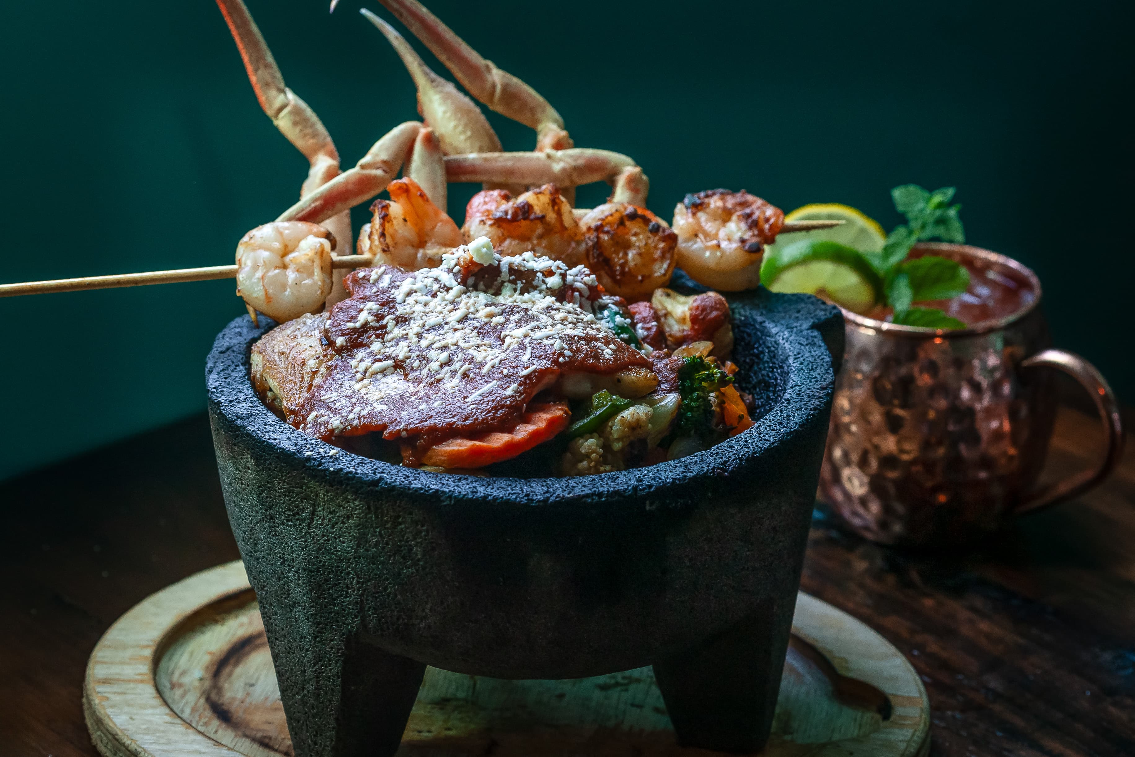 Molcajete Marino with crab legs and shrimp