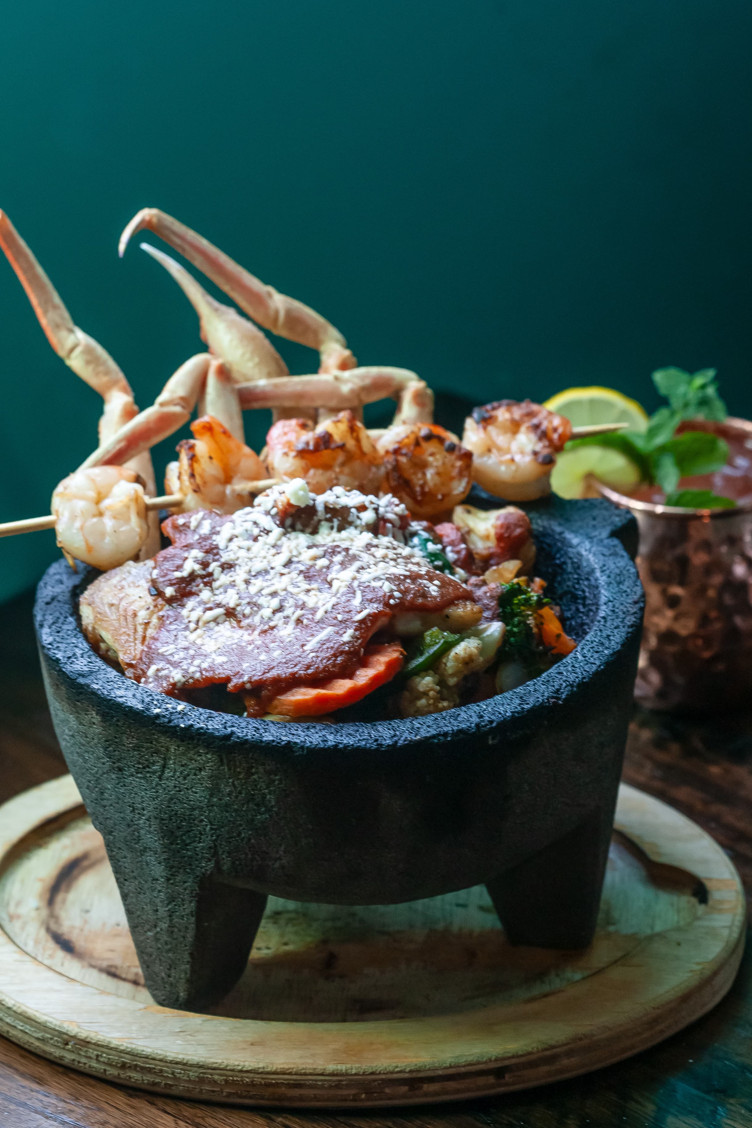 Molcajete Marino with crab legs and shrimp