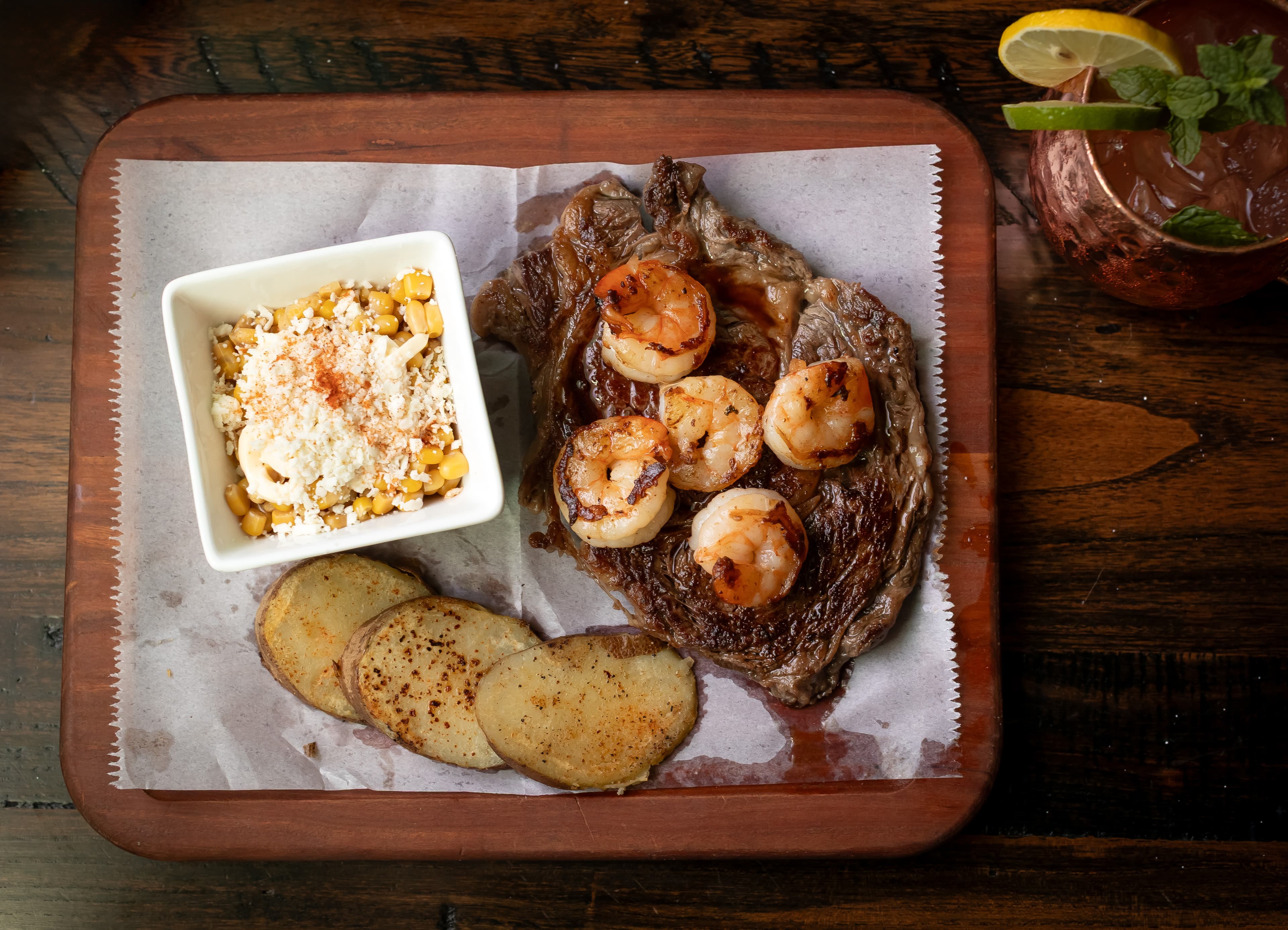 Caldera Ribeye Steak with shrimp